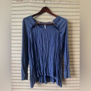 Free People Women's Blue Long Sleeve Top with Lace Up Details